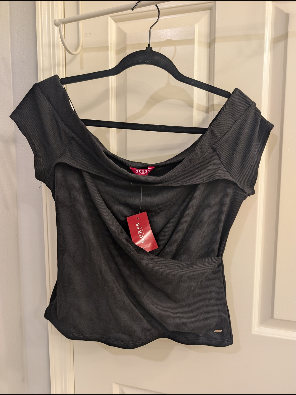GUESS Black Off-Shoulder Ribbed Top